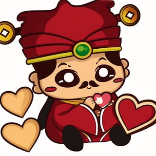 (1st boy),boy,red hat,hanfu,(White background), (SUPER CHIBI), chibi, full_body, Standing posture,chibi,(Holding a box of heart-shaped chocolates),happy