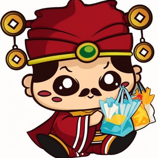 (1st boy),boy,red hat,hanfu,(White background), (SUPER CHIBI), chibi, full_body, Standing posture,chibi,walhing,(Hand holding shopping bag),happy,