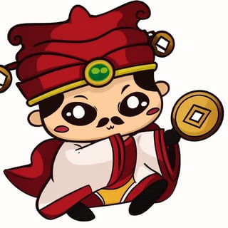 (1st boy),boy,red hat,hanfu,(White background), (SUPER CHIBI), chibi, full_body, Standing posture,chibi,walhing,(Hold the fan),happy,