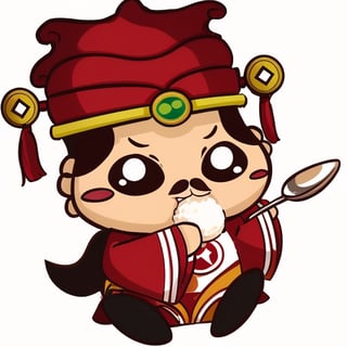 (1st boy),boy,red hat,hanfu,(White background), (SUPER CHIBI), chibi, full_body, Standing posture,chibi,（Eat glutinous rice balls with a spoon）,happy, 