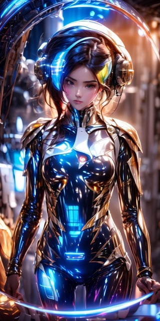 a girl, thunder yellow jacket, tight suit,Space helm of the 1960s,and the anime series G Force of the 1980s,Darf Punk wlop glossy skin, ultrarealistic sweet girl, space helm 60s, holographic, holographic texture, the style of wlop, space, ,Mecha