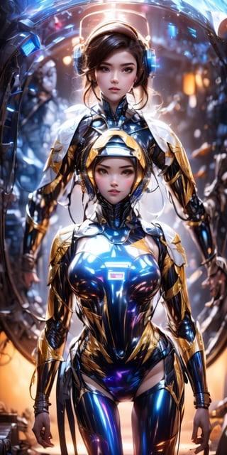 a girl, thunder yellow jacket, tight suit,Space helm of the 1960s,and the anime series G Force of the 1980s,Darf Punk wlop glossy skin, ultrarealistic sweet girl, space helm 60s, holographic, holographic texture, the style of wlop, space, ,Mecha