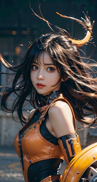 Best quality, masterpiece, ultra high res, 1 girl, beautiful face, detailed skin, gu, dragon,  black hair, blood, arm guards, looking at viewer, black eyes,, floating hair, orange,cool,Mecha,girl,FaceST1