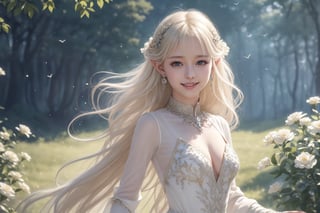 royal dress, fantasy setting, forest grove, elvish style, elvish world, smile, sparks of light, full upper body, 1girl, half body view, straight camera from front, cowboy photoshoot, eye level shoot, front shoot, 1 girl, very bright backlighting, solo, {beautiful and detailed eyes}, 1girl, very large breast, dazzling light, calm expression, natural and soft light, platinum blonde hair blown by the breeze, delicate facial features, laugh, Blunt bangs, beautiful korean girl, eye smile, smile, very small earrings, 16yo, film grain, realhands, shy smile,  bright dazzling, firefly, birds, flowers, sparks, flying sparks, colourful landscape , looking towards me, body towards me, fantasy landscape, fantasy background, friendly setting, elegant, elvish like, nature, mauntains, water,