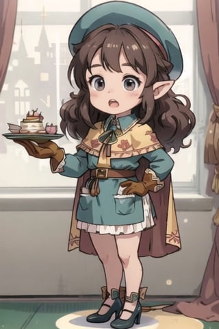 stout, short, young, dwarf, light skin, halfling, long hair, curly dark brown hair, brown eyes, female, (masterpiece) , round face, shy, pointy ears, stewardess, blush, uniform, high heels, hat, capelet, mantle, ruffle compatible, half_apron, fringe_trim, nervous, fantasy,S22littlegirl,LttDrg, waitress, Stewardess, airship, open mouth, gloves, puffy_shoulders, long_sleeves