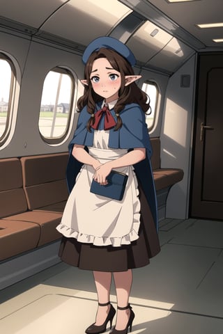 stout, short, young, dwarf, light skin, halfling, long hair, curly dark brown hair, brown eyes, female, (masterpiece) , round face, shy, pointy ears, stewardess, blush, uniform, high heels, hat, capelet, apron, brown_eyes, airship, fringe_trim