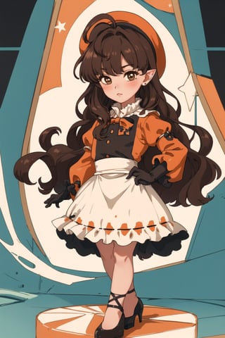 stout, short, young, dwarf, light skin, halfling, long hair, curly dark brown hair, female, (masterpiece) , round face, shy, pointy ears, stewardess, blush, uniform, high heels, hat, capelet, mantle, ruffle compatible, half_apron, brown_eyes, browneyes, nervous, airship, short_legs, short legs, tiny, ,ichinose shiki, brown eyes, dark eyes, dark hair, long skirt, long sleeves, short torso, child, very long skirt,Wide hips, hat, chibi, super_deformed, cafe, barista, idolmaster, long dress, over the knee dress, office lady, wide hips, poofy sleeves, gloves, frilly_dress, orange uniform, orange clothes, orange dress,ahoge, red bowtie, long skirt, very long skirt, very long dress