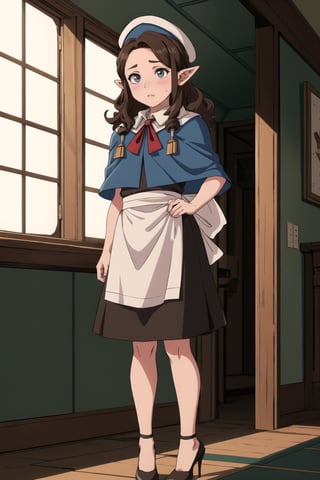 stout, short, young, dwarf, light skin, halfling, long hair, curly dark brown hair, brown eyes, female, (masterpiece) , round face, shy, pointy ears, stewardess, blush, uniform, high heels, hat, capelet, apron, brown_eyes, airship,