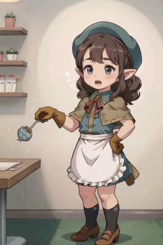 stout, short, young, dwarf, light skin, halfling, long hair, curly dark brown hair, brown eyes, female, (masterpiece) , round face, shy, pointy ears, stewardess, blush, uniform, high heels, hat, capelet, mantle, ruffle compatible, half_apron, fringe_trim, nervous, fantasy,S22littlegirl,LttDrg, waitress, Stewardess, airship, open mouth, gloves, puffy_shoulders