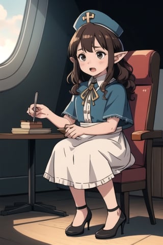 stout, short, young, dwarf, light skin, halfling, long hair, curly dark brown hair, brown eyes, female, (masterpiece) , round face, shy, pointy ears, stewardess, blush, uniform, high heels, hat, capelet, mantle, ruffle compatible, half_apron, fringe_trim, nervous, fantasy,S22littlegirl,LttDrg, waitress, Stewardess, airship,ichinose hajime,open mouth