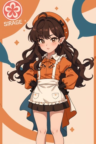 stout, short, young, dwarf, light skin, halfling, long hair, curly dark brown hair, female, (masterpiece) , round face, shy, pointy ears, stewardess, blush, uniform, high heels, hat, capelet, mantle, ruffle compatible, half_apron, brown_eyes, browneyes, nervous, airship, short_legs, short legs, tiny, ,ichinose shiki, brown eyes, dark eyes, dark hair, long skirt, long sleeves, short torso, child, very long skirt,Wide hips, hat, chibi, super_deformed, cafe, barista, idolmaster, long dress, over the knee dress, office lady, wide hips, poofy sleeves, gloves, frilly_dress, orange uniform, orange clothes, orange dress,ahoge, red bowtie, long skirt, very long skirt, very long dress