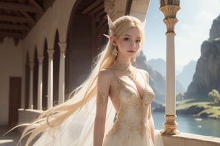 white blonde, elvish girl, round ears, royal dress, ornament dress, half body view, straight camera from front, cowboy photoshoot, eye level shoot, front shoot, 1 elvish girl, large breast, very bright backlighting, solo, {beautiful and detailed eyes}, dazzling light, calm expression, natural and soft light, white blonde hair, hair blown by the breeze, delicate facial features, Blunt bangs, beautiful elvish girl, round ears, eye smile, very small earrings, very young, film grain, realhands, shy smile,Realism, looking towards me, body towards me, fantasy landscape, fantasy background, friendly setting, elegant buildings, elven like buildings, fantays city,  arcs,nodf_lora,1 girl