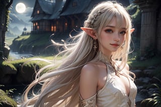 elvish fartasy setting, 1 girl, very bright backlighting, solo, {beautiful and detailed eyes}, medium breasts, round ears, dazzling moonlight, calm expression, natural and soft light, white blonde hair, hair blown by the breeze, very long hair, delicate facial features, Blunt bangs, beautiful elvish girl, eye smile, very small earrings, 16yo, film grain, realhands, shy smile Realism, looking towards me, body towards me, fantasy landscape, fantasy background, friendly setting, elegant, elven world