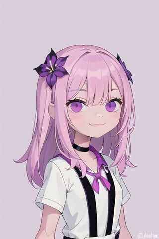 1girl, solo, long hair, looking at viewer, smile, simple background, shirt, hair ornament, bow, ribbon, white shirt, upper body, pink hair, flower, choker, hair flower, pink eyes, chibi, twitter username, hair over one eye, :3, suspenders, purple background