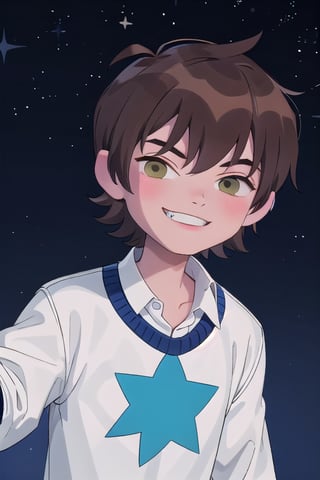 solo, smile, brown hair, shirt, 1boy, brown eyes, upper body, male focus, collared shirt, star \(symbol\), grin, sweater, blue background, starry background