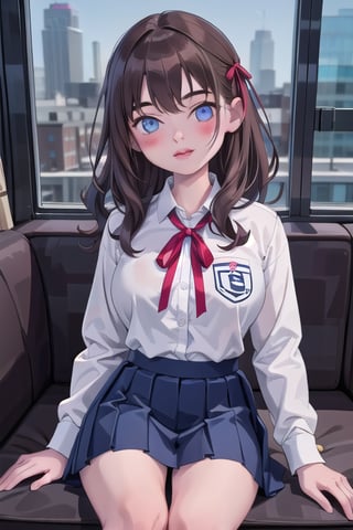 1girl, solo, long hair, looking at viewer, blue eyes, skirt, brown hair, shirt, long sleeves, ribbon, school uniform, white shirt, pleated skirt, collared shirt, indoors, red ribbon, cup, lips, window, neck ribbon, wavy hair, table, grey skirt, realistic, shirt tucked in