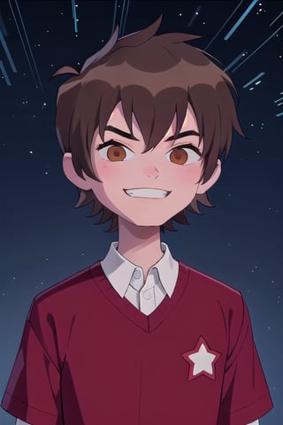 solo, smile, brown hair, shirt, 1boy, brown eyes, upper body, male focus, collared shirt, star \(symbol\), grin, sweater, blue background, starry background