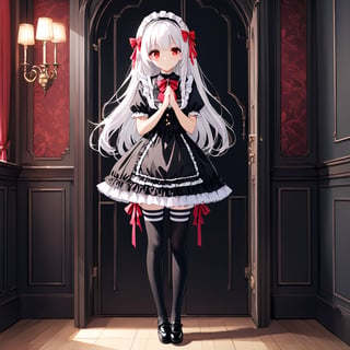 1girl, solo, long hair, looking at viewer, red eyes, thighhighs, short sleeves, dress, bow, ribbon, standing, full body, white hair, hair bow, hairband, frills, shoes, striped, black thighhighs, black footwear, black dress, zettai ryouiki, own hands together, lolita fashion