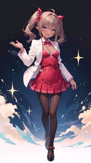 1girl, solo, medium hair, smail breasts, looking at viewer, blush, smile, open mouth, light brown hair,gradient hair, elf ears,red eyes,mole under eye,aqua eyes,twintail, standing,white blazers,open blazers,red bikini,short skirt,red skirt,mismatched pupils,grey pantyhose,black footwear,hair flower,best quality, high-resolution,high_res,UHD ,petite,score_9_up,dark skin
