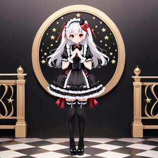 1girl, solo, long hair, looking at viewer, red eyes, thighhighs, short sleeves, dress, ribbon, standing, full body, white hair, hair bow, hairband, frills, shoes, striped, black thighhighs, star \(symbol\), black footwear, black dress, zettai ryouiki, own hands together, lolita fashion