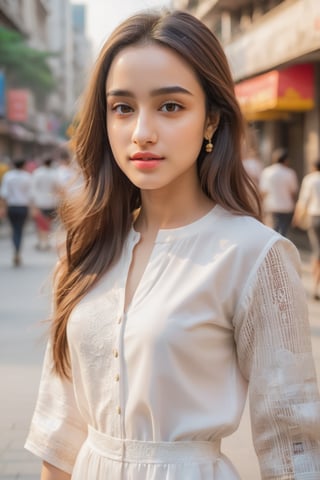 young woman face features like (shraddha kapoor),oval face ,(smaller forehead),cute, ((white skin)), having walk in city wearing pants , detailed complex background, detail facial features, focus on skin texture, detailed hairs, natural look, wearing sexy dress, candid moments, (POV wide angle looking away from camera), Beautiful Instagram Model,dashataran,facial expression
