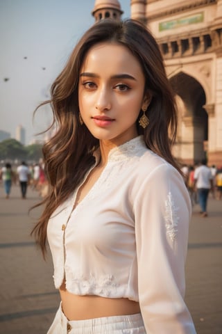 young woman face features like (shraddha kapoor),oval face ,(smaller forehead),cute, ((white skin)), having walk in mumbai in front of gateway of india wearing pants , rich detailed complex background, detail facial features, focus on skin texture, detailed hairs, natural look, cute posture, pose, hands,wearing sexy dress, candid moments, ((POV wide angle low shot, subject looking away from camera)), Beautiful Instagram Model,dashataran,happy facial expression, professional photos, studio lighting, raw edits