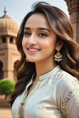 young woman face features like (shraddha kapoor),oval face ,(smaller forehead),cute, ((white skin)), (having walk in delhi in front of qutub minar wearing rich detailed kurti), rich detailed complex background, detail facial features, focus on skin texture, detailed hairs, natural look, hands in air, pose, hands_raised, candid moments, ((POV shot with wide angle camera, subject facing away from camera)), side shot, focus on background, Beautiful Instagram Model,dashataran,happy facial expression, teeth visible smiling, professional photos, studio lighting, raw edits, fully_dressed,Extremely Realistic,Expressiveh, full-length_portrait, full-body_portrait