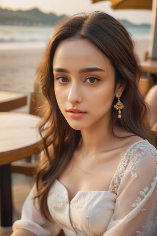 young woman face features like (shraddha kapoor),oval face ,(smaller forehead),cute, ((white skin)), having dinner in a fine dine restaurant , detail background, detail facial features, focus on skin texture, detailed hairs, natural look, wearing sexy dress, candid moments, (seating on a beach ) relaxing on bench, POV wide angle looking away from camera, Beautiful Instagram Model,dashataran,facial expression