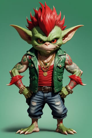 3 Full body, Gremlins, Mean Gremlin, Green skin, Red and White mohawk, Green chest skin, wearing a gremlin gold chain, Green skin, simple background, best quality, realistic, garage background, wearing vest, wearing a tank top, Red Tattoos, Claw fingers
