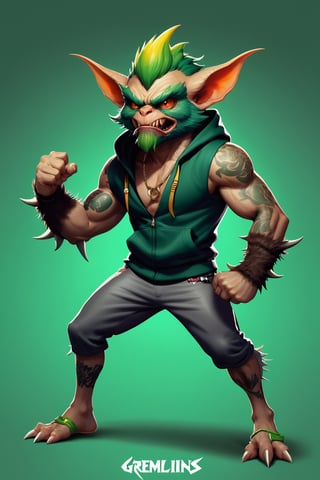 ((3 Full body photo)), (2 Gremlins), Mean Gremlin, Green skin, Silver and Gold mohawk, dynamic pose, Green chest skin, wearing a gremlin gold chain, Green skin, simple background, best quality, realistic, wearing a hoodie, wearing a tank top, Gremlin Tattoos, Claw fingers, vector Gremlin Athletic Logo, inspired by Chris Walas, full color air brush, official photo, spike pit, no pupil demon red eyes, beard, sharp teeth showing, having two horns