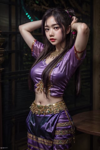 1girl, solo, long hair, black hair, jewelry,  bracelet,MyanmarTraditionalDress(purple green),mmkytt,colorfull shirt,sheer_clothing,long_ponytail,realstic,photorealstic,4k,arms_above_head,wearing acmmsayarma outfit