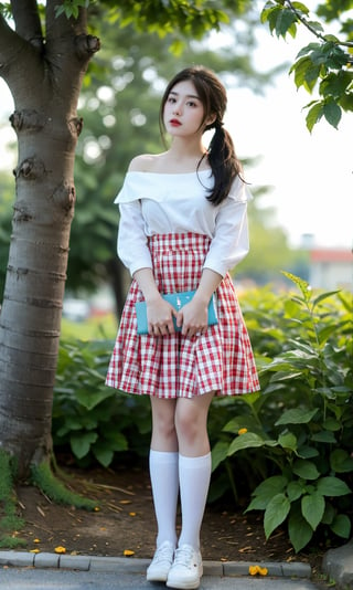 16 year old girl, upper body, (super cute high school girl), short, highest quality, 32K, real, high definition, detail, high resolution, (front), medium hair, white blouse, white skin, twin tails, up to the knees, red tartan check skirt, a school bag slung over her shoulder, white socks, black leather shoes, a grassy park, looking up at a large cherry tree and watching the falling petals.A lot of petals fill the screen, the bright blue sky and the sun,, shining beautifully. Eyes, skirt and hair fluttering in the wind, elegance, fantastic, sharp focus, windlift, dress, STANDING