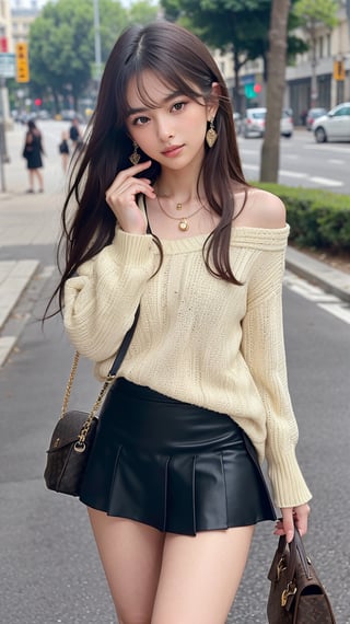 background is Paris,
18 yo, 1 girl, beautiful korean girl,fashion model,
wearing tight sweater,short skirt(chess pattern),shoulder bag(Louis Vuitton),happy laugh,cloth blowing by wind, solo, {beautiful and detailed eyes}, dark eyes, calm expression, delicate facial features, ((model pose)), Glamor body type, (dark hair:1.2), simple tiny earrings, simple tiny necklace,very_long_hair, hair past hip, bangs, curly hair, flim grain, realhands, masterpiece, Best Quality, 16k, photorealistic, ultra-detailed, finely detailed, high resolution, perfect dynamic composition, beautiful detailed eyes, eye smile, ((nervous and embarrassed)), sharp-focus, full_body, from below