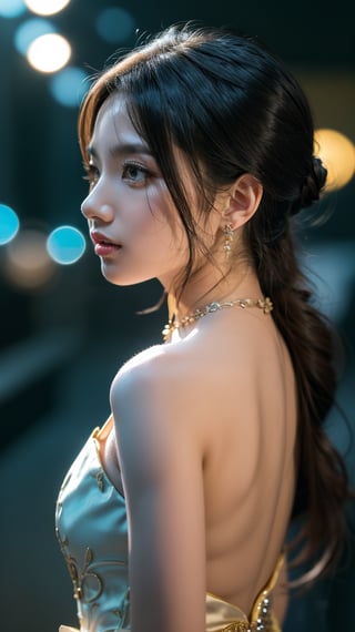 A porcelain-skinned beauty poses candidly against a dark studio backdrop, rim lighting accentuating her profile amidst two-tone contrast, framing her delicate features. Soft volumetric lighting wraps around her face and shoulders, highlighting the intricate details of her exquisite China dress and sparkling jewelry. The DSLR camera captures this photorealistic masterpiece in stunning 8K UHD with incredible skin detail, as bokeh elements add dreaminess to the overall scene.