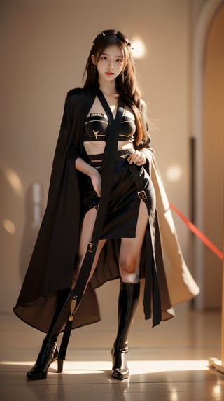 1girl, solo, long hair, looking at the viewer, smile, laugh, teeth, bangs, brown hair, realistic,  wearing a tight black suit, dressed as a Jedi Master. Starwars. black cloak. rope,  standing at warzone, Starwars, Stormtroopers, Sith, explosions, laser shots, earrings, black eyes, lips, bow headband, lips, ribbon, realistic, parted lips, lips, ribbon, realistic, blurry background,