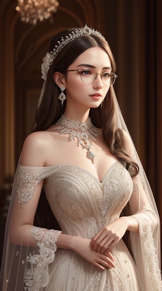 A regal CG sister stands majestically at 185cm, filling the frame with a slender figure. Soft facial lighting highlights fair skin, perfect features, and bright eyes. A flowing evening dress showcases long legs, lace details, and mesh visible through perspective. Sparkling diamond earrings and a ruby necklace adorn her neck. Long hair cascades down her back as she stands confidently, glasses delicately perched on her face. The 8K image quality renders a realistic portrait, drawing the viewer's gaze into the intimate scene.