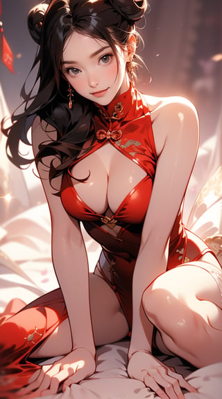 17 year old Korean girl, full body, two buns, pastel tee , red cheongsam swimsuit , (((Pokies))),white simple background,realhands,Samurai girl,lay in the bed