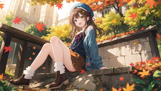 1girl, smile, pleated skirt,solo, long hair, off shoulder, brown eyes, autumn leaves,open mouth, (puffy long sleeves), beret, brown hair, puffy sleeves, open cardigan, autumn, hair ribbon, maple leaves, outdoors,falling leaves,(from below,wide shot,panorama,depth of field,full body,mid shot,English text),(hand on chests),sitting,tilt,