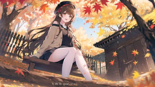 1girl, smile, pleated skirt,solo, long hair, off shoulder, brown eyes, autumn leaves,open mouth, (puffy long sleeves), beret, brown hair, puffy sleeves, open cardigan, autumn, hair ribbon, maple leaves, outdoors,falling leaves,(from below,wide shot,panorama,depth of field,full body,mid shot,English text),(hand on chests),sitting,tilt,