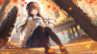 1girl, smile, pleated skirt,solo, long hair, off shoulder, brown eyes, autumn leaves,open mouth, (puffy long sleeves), beret, brown hair, puffy sleeves, open cardigan, autumn, hair ribbon, maple leaves, outdoors,falling leaves,(from below,wide shot,panorama,depth of field,full body,mid shot,English text),(hand on chests),sitting,tilt,