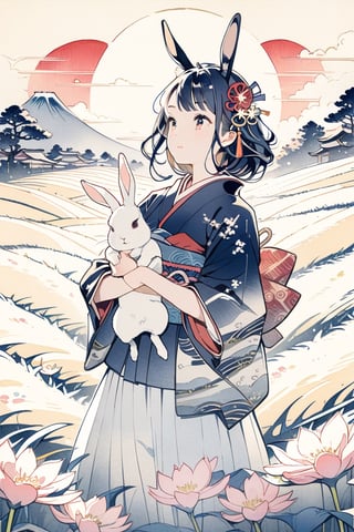 
girl holding a rabbit in the middle of a field,Ukiyo-e, cute,ink,colorful,samurai,shogun,background simple