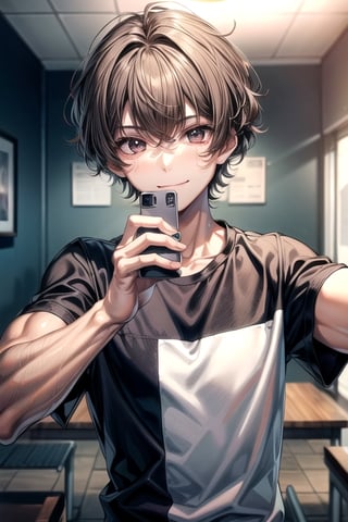 solo, smile, brown hair, shirt, black hair, 1boy, brown eyes, upper body, male focus, black shirt, muscular, pectorals, selfie,Bakihanma,inakigodoy