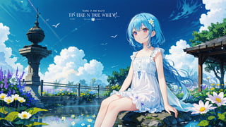 best quality, masterpiece, illustration, (reflection light), incredibly absurdres, (Movie Poster), (signature:1.3), (English text:1.3), 1girl, girl middle of flower, pure skyblue hair, red eyes, clear sky, outside, collarbone, loli, sitting, absurdly long hair, clear boundaries of the cloth, white dress, fantastic scenery, ground of flowers, thousand of flowers, colorful flowers, flowers around her, various flowers, colors