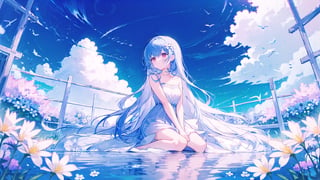 best quality, masterpiece, illustration, (reflection light), incredibly absurdres, 1girl, girl middle of flower, pure skyblue hair, red eyes, clear sky, outside, collarbone, loli, sitting, absurdly long hair, clear boundaries of the cloth, white dress, fantastic scenery, ground of flowers, thousand of flowers, colorful flowers, flowers around her, various flowers, colors