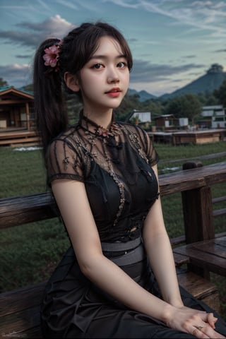 masterpiece, high quality:1.5), (8K, HDR), masterpiece, best quality,PrettyLadyxmcc,OrgLadymm,long_ponytail,
1girl, solo, long hair, skirt, shirt, black hair, jewelry, sitting, flower, outdoors, blurry, realistic,long_skirt,background_sky