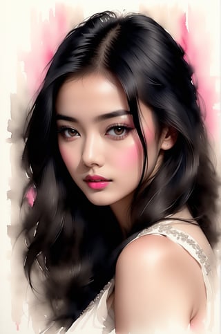 pencil Sketch of a beautiful Asia young woman 18 years old, with black hair, alluring, portrait by Charles Miano, ink drawing, illustrative art, soft lighting, detailed, more Flowing rhythm, elegant, low contrast, add soft blur with thin line, Pink lipstick, Dark brown eyes,cutegirlmix
