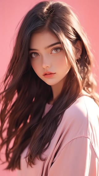 Photo of a 16-year-old, mixed with Indian and White, Urban Outfitters model, with very long dark brown hair, hazel eyes, an alluring gaze, dynamic pose, pink background, mid-length shot, warm color tone, 35mm, shot on Kodak Ektar 100, realistic