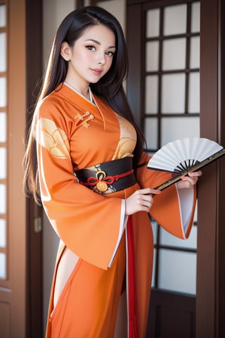 score_9, score_8_up, score_7_up, score_6_up, score_5_up, score_4_up
Chinese-style costume, orange costume, holding a folding fan, female boss, long hair, chinese dragon,