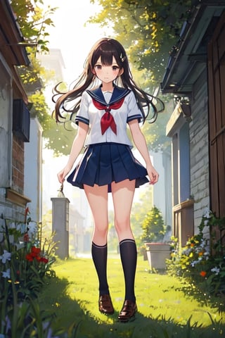 masterpiece, high quality, 1girl, school uniform, standing, grass