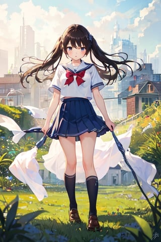 masterpiece, high quality, 1girl, school uniform, grass
